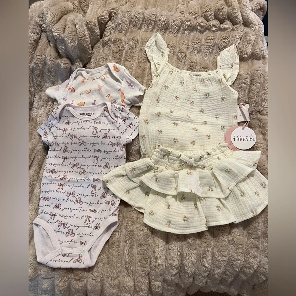 Baby Girl Bundle with Floral Dress with Ruffles and 2 Onesies Size 6-9 months